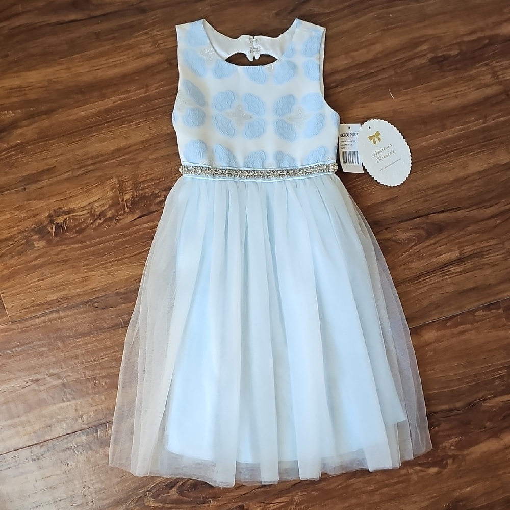 American Princess Baby Blue Rhinestone Dress With Heart Shaped Design Size 6